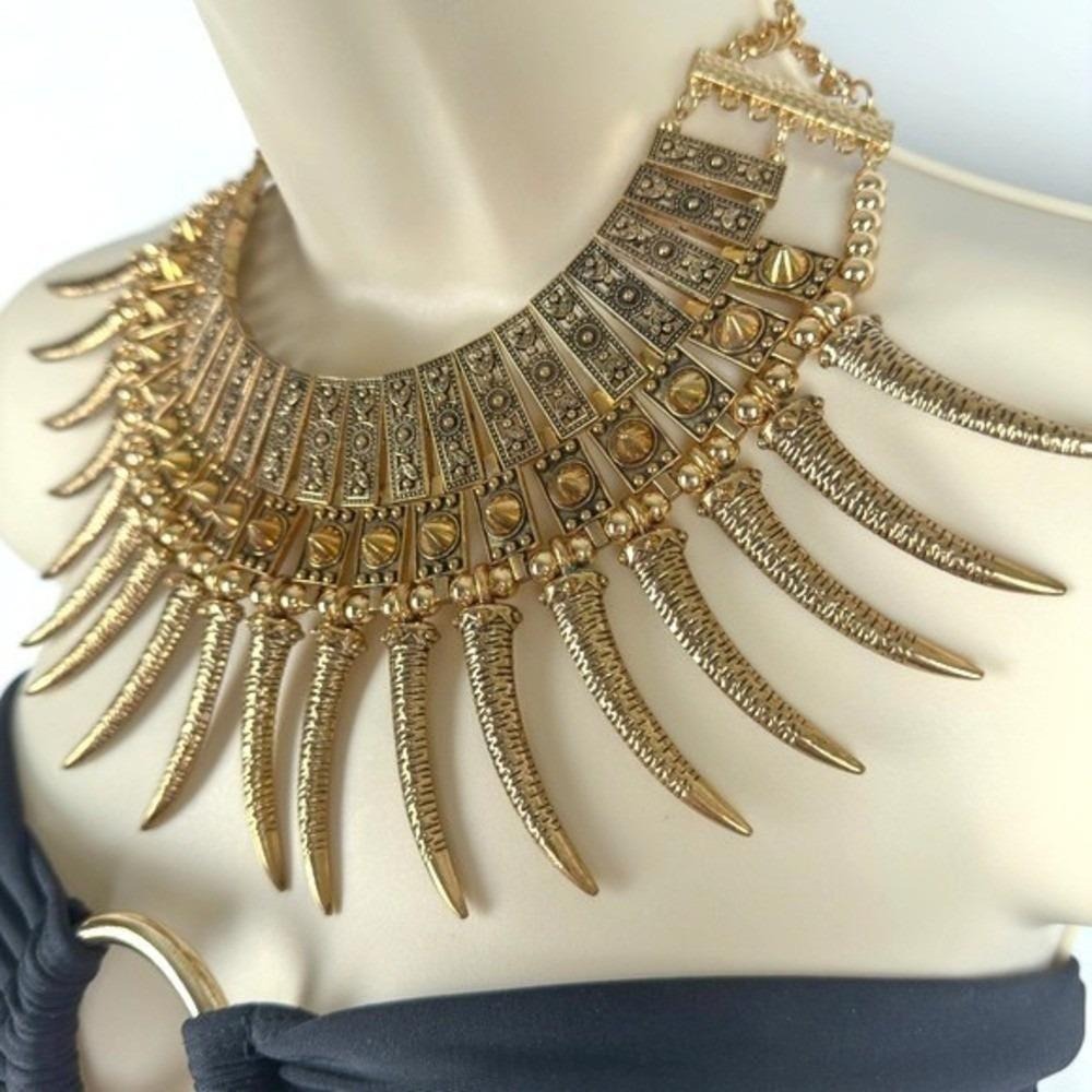 Tribal Statement Bib Necklace Gold Tone Bold Geometric - Picture 3 of 7